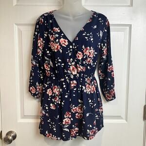 Aeropostale Cape Juby 3/4 Sleeve Short Jumpsuit Romper Floral Navy Blue Size M